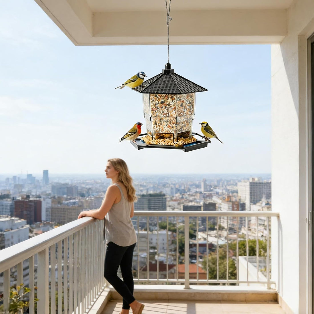 Vortaz Squirrel-Proof Hanging Bird Feeder with Landing Tray Black