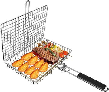 Vortaz Folding Stainless Steel Fish BBQ Grill Basket with Removable Handle