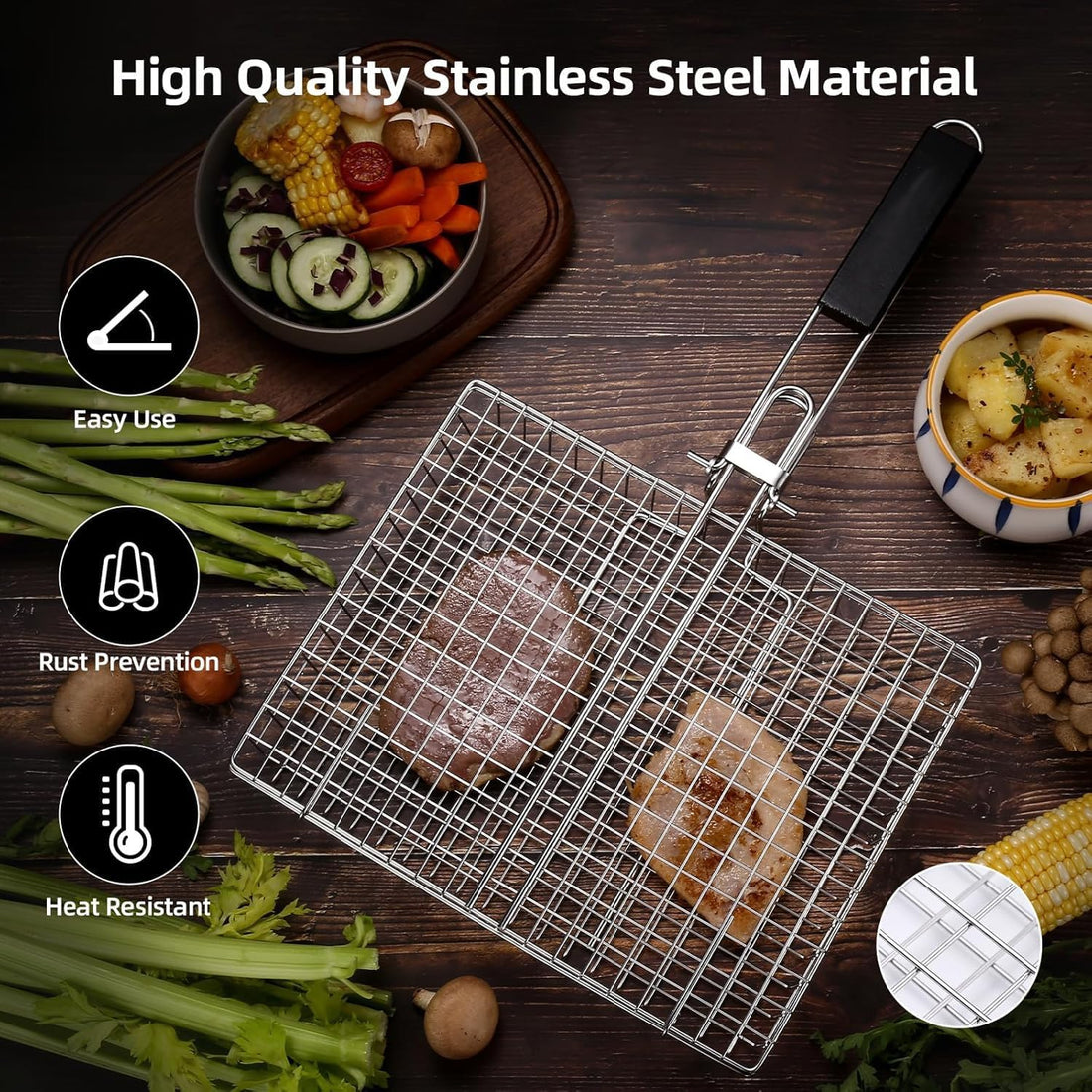 Vortaz Folding Stainless Steel Fish BBQ Grill Basket with Removable Handle