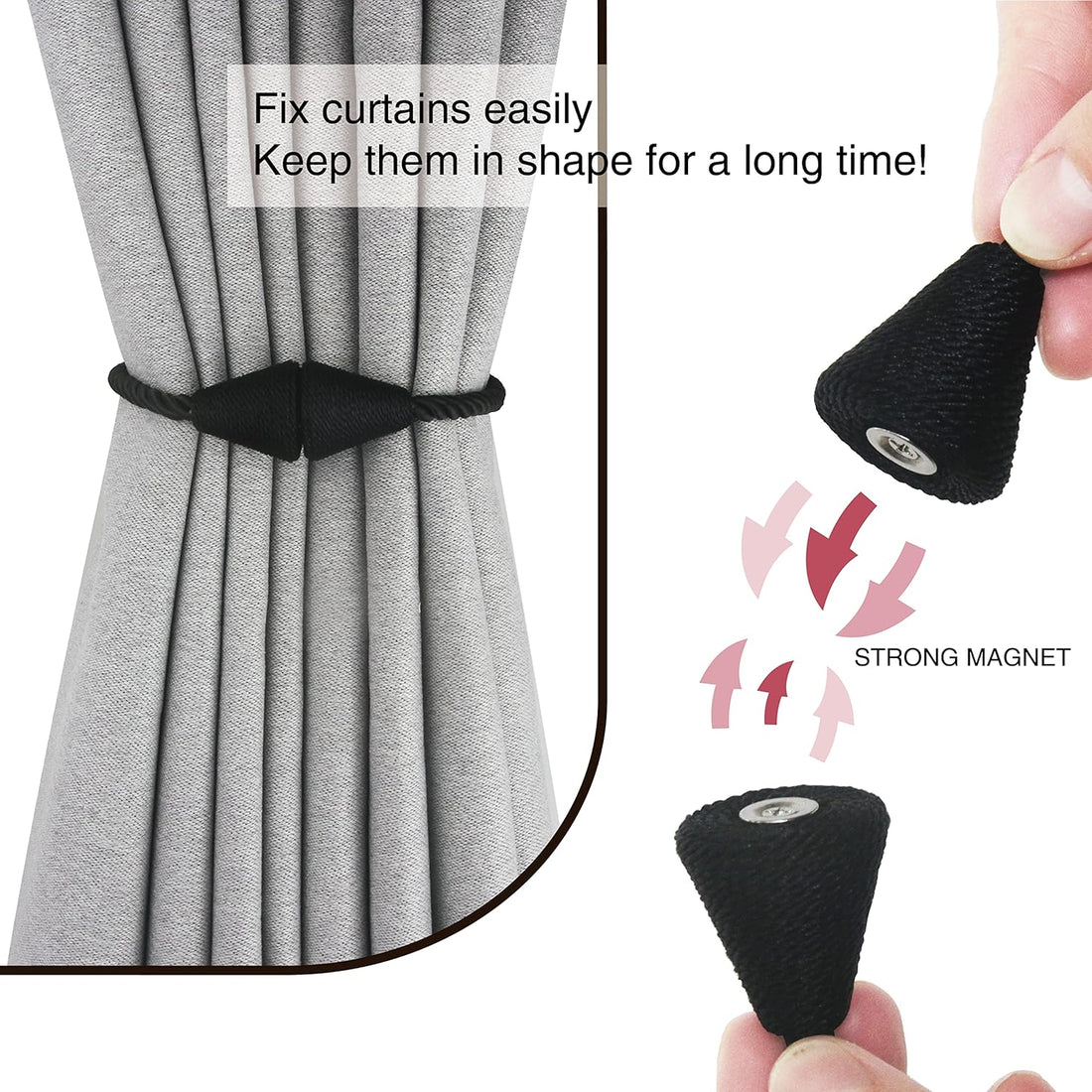 Vortaz Magnetic Curtain Tiebacks Rope Modern 2-Pack Black