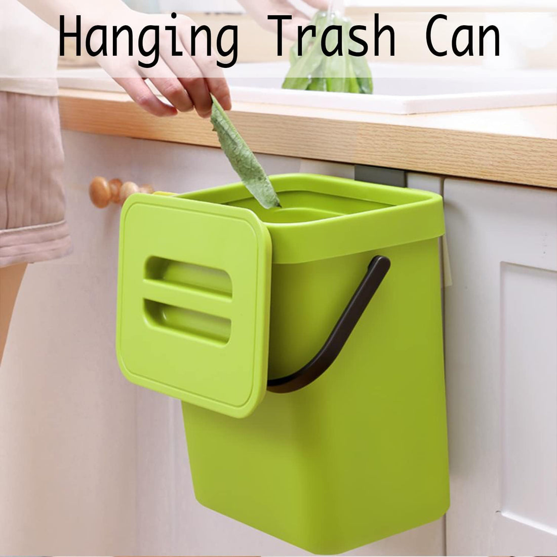 Hanging Kitchen Food Waste Bin 5L Green with Lid Mountable