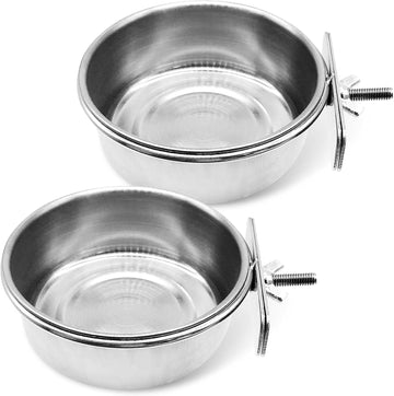 Stainless Steel Bird Cage Water Bowl 2-Pack Clamp-On Anti-Tip 10oz