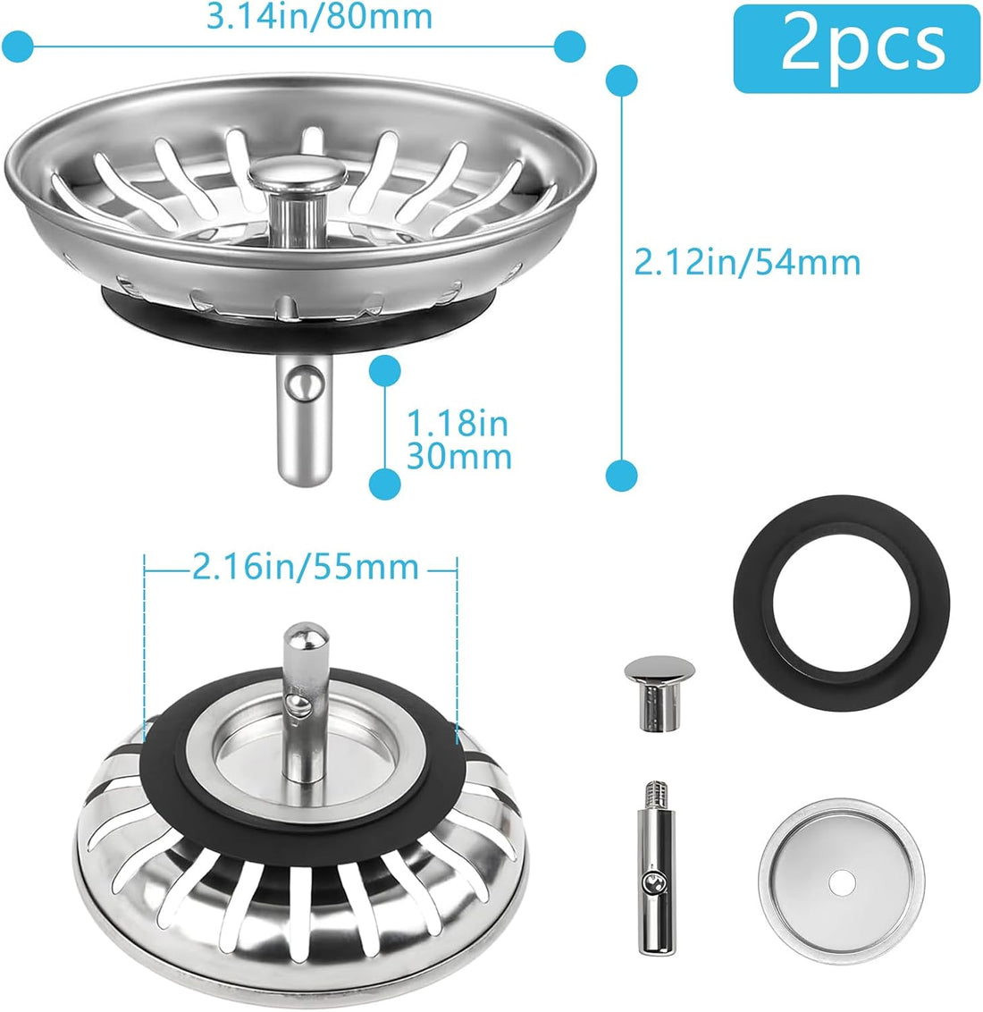 2 Pack Stainless Steel Kitchen Sink Strainer Drain Stopper 8cm