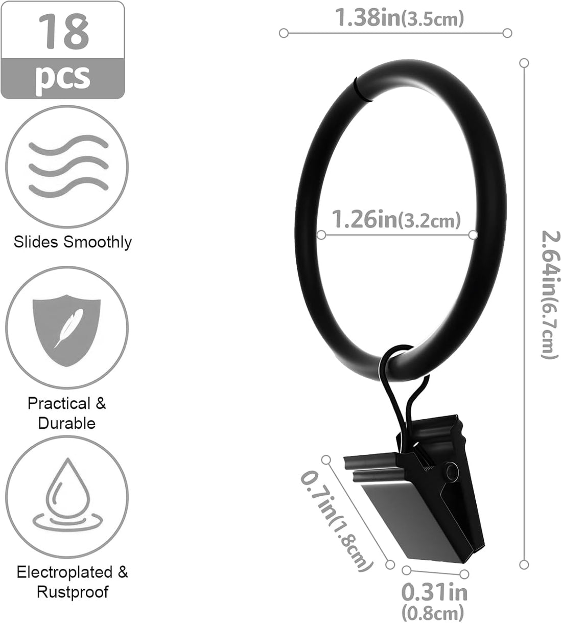 Vortaz Curtain Rings with Clips Rustproof Metal 18 Pcs