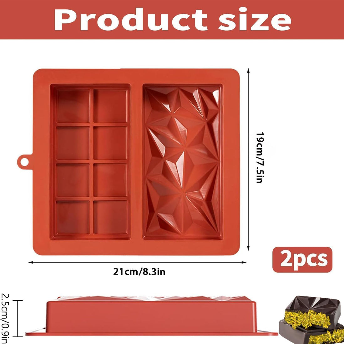 Silicone Chocolate Bar Mold Set 2-Piece Deep Non-Stick 8.3x7.5in