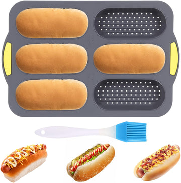Non-Stick Silicone Hot Dog Bun Baking Tray 6-Cavity with Oil Brush