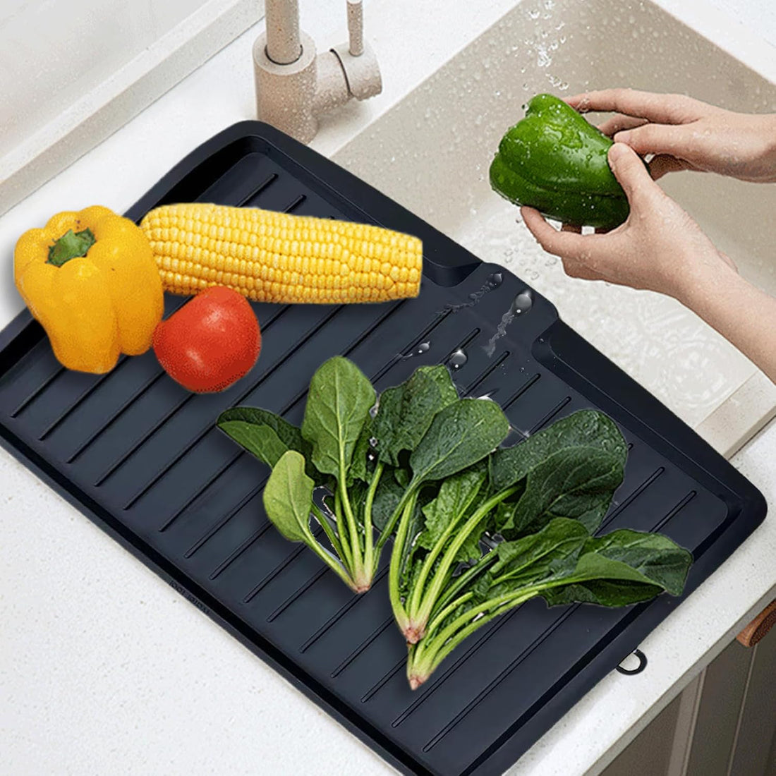 Tilt PP Dish Drain Board Quick Dry with Drain Port Black