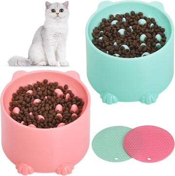 2 Pack Raised Slow Feeder Cat Bowl Ergonomic Neck Relief Pink Green