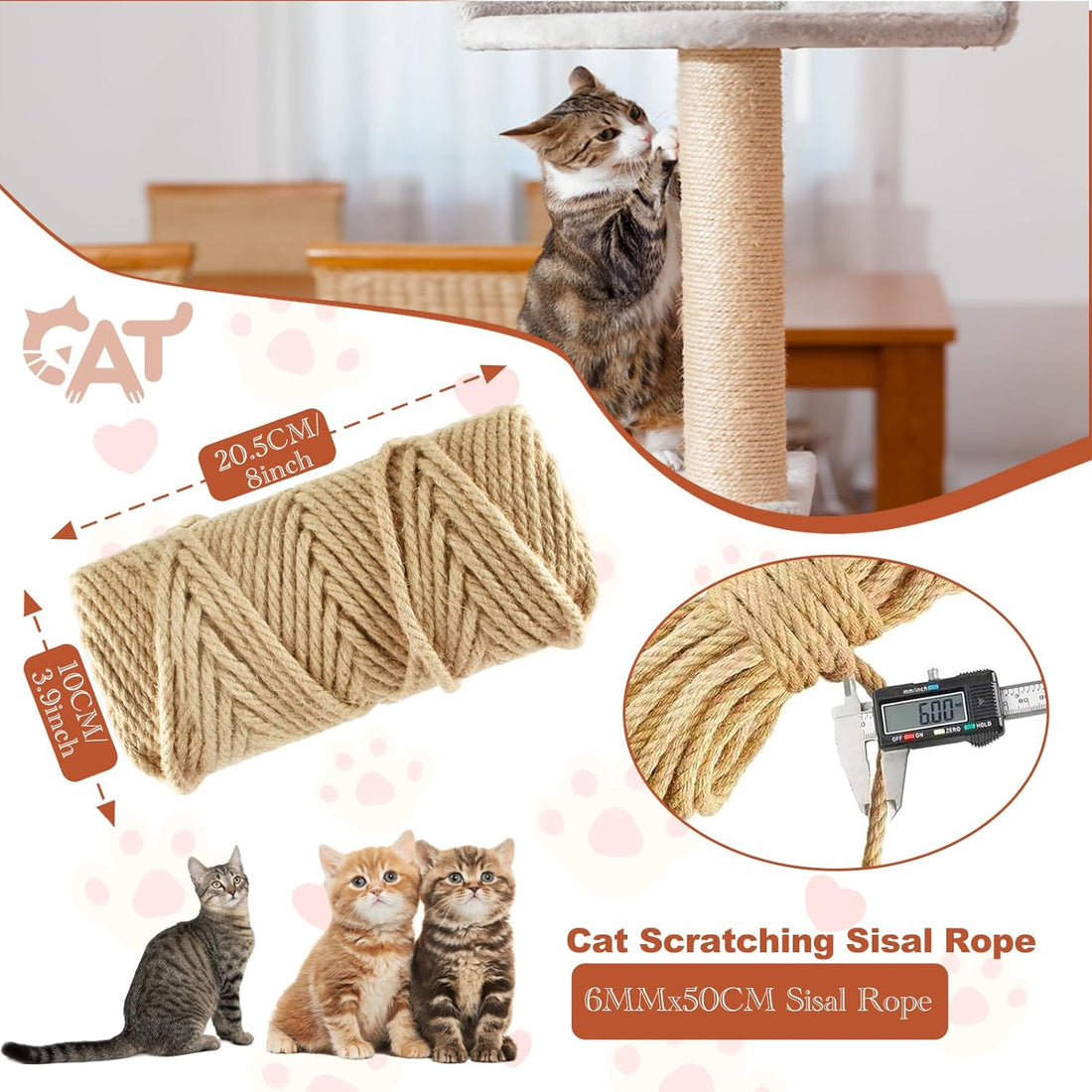 50M Natural Sisal Rope 6mm for Cat Scratching Post Repair DIY