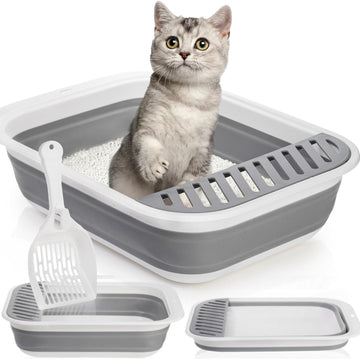 Collapsible Cat Litter Box Foldable Travel Potty with Scoop Grey