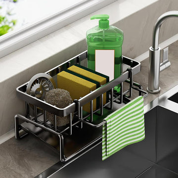 Kitchen Sink Caddy Carbon Steel Drain Tray Towel Rail Black 23x9x10cm