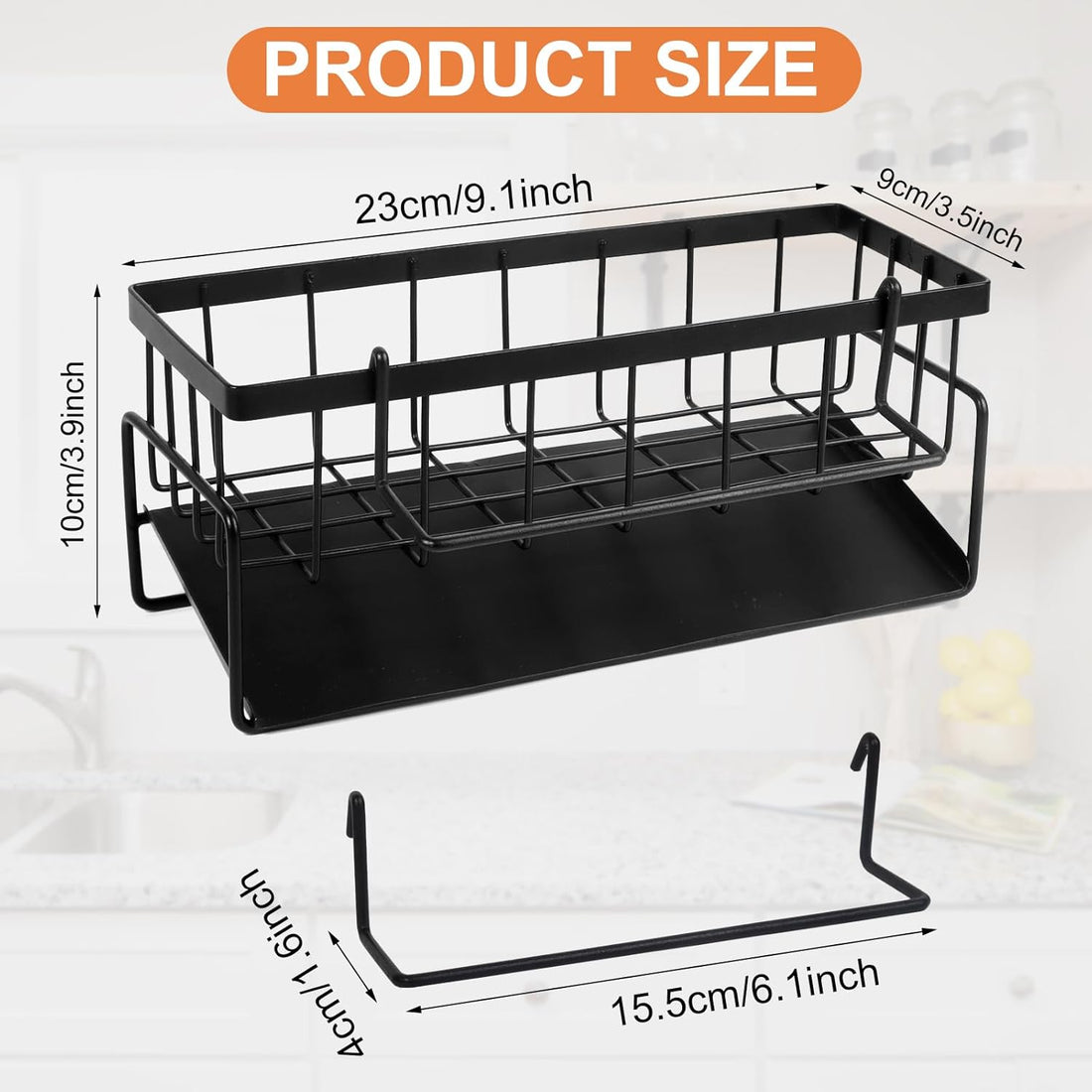 Kitchen Sink Caddy Carbon Steel Drain Tray Towel Rail Black 23x9x10cm