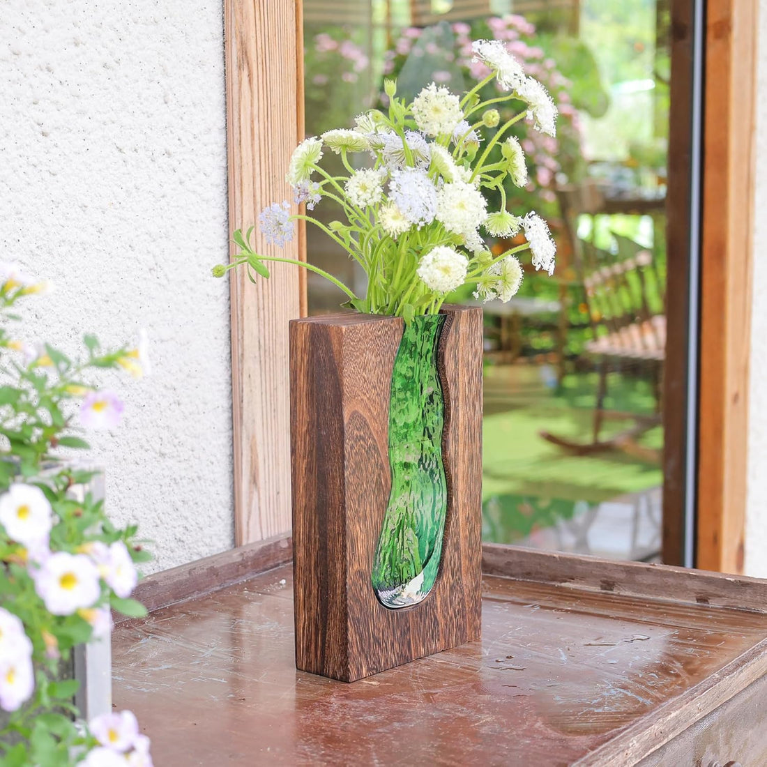 Rustic Brown Wood and Glass Vase Farmhouse Decor 9.45 inches