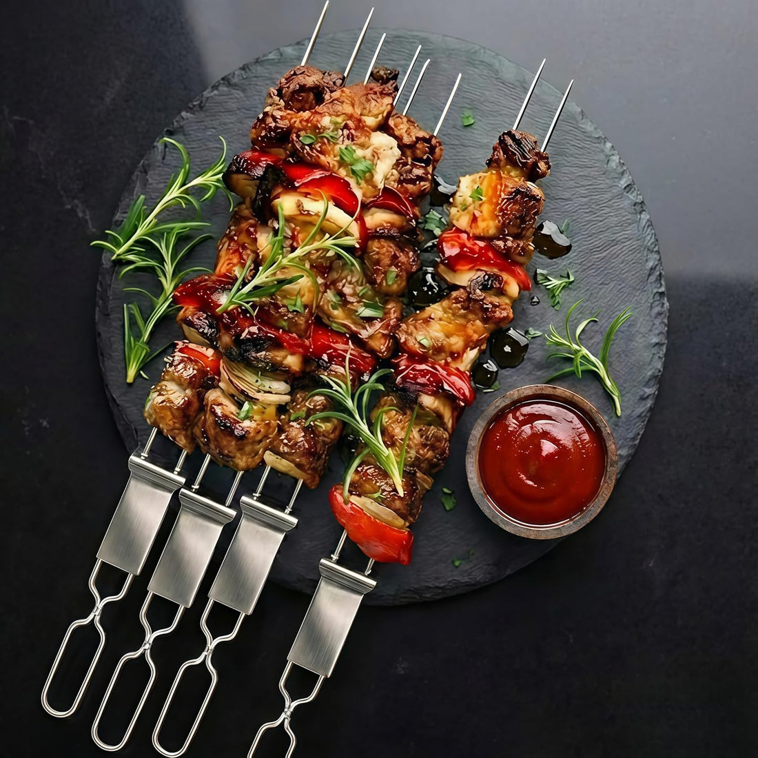 Stainless Steel BBQ Kabob Skewers 10-Pack 13 inch Push Bar
