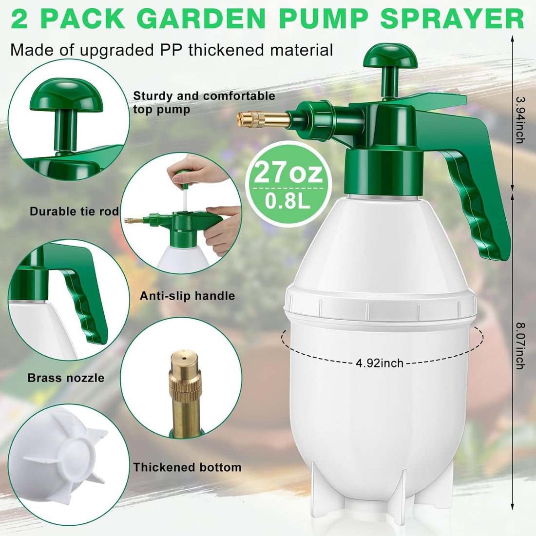 2 Pcs Handheld Pump Sprayer 800ml Brass Nozzle Green