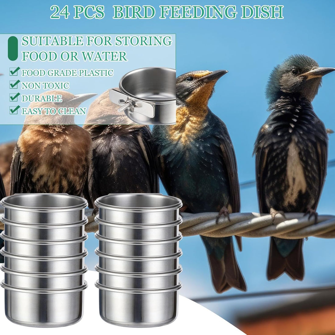 24-Pack Stainless Steel Bird Food Bowls Clamp-On 10oz Parrot Water Feeder Cups