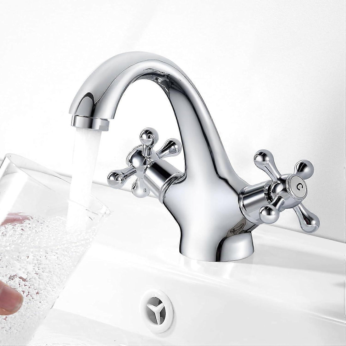 Retro Brass Basin Faucet Double Cross Handles Chrome