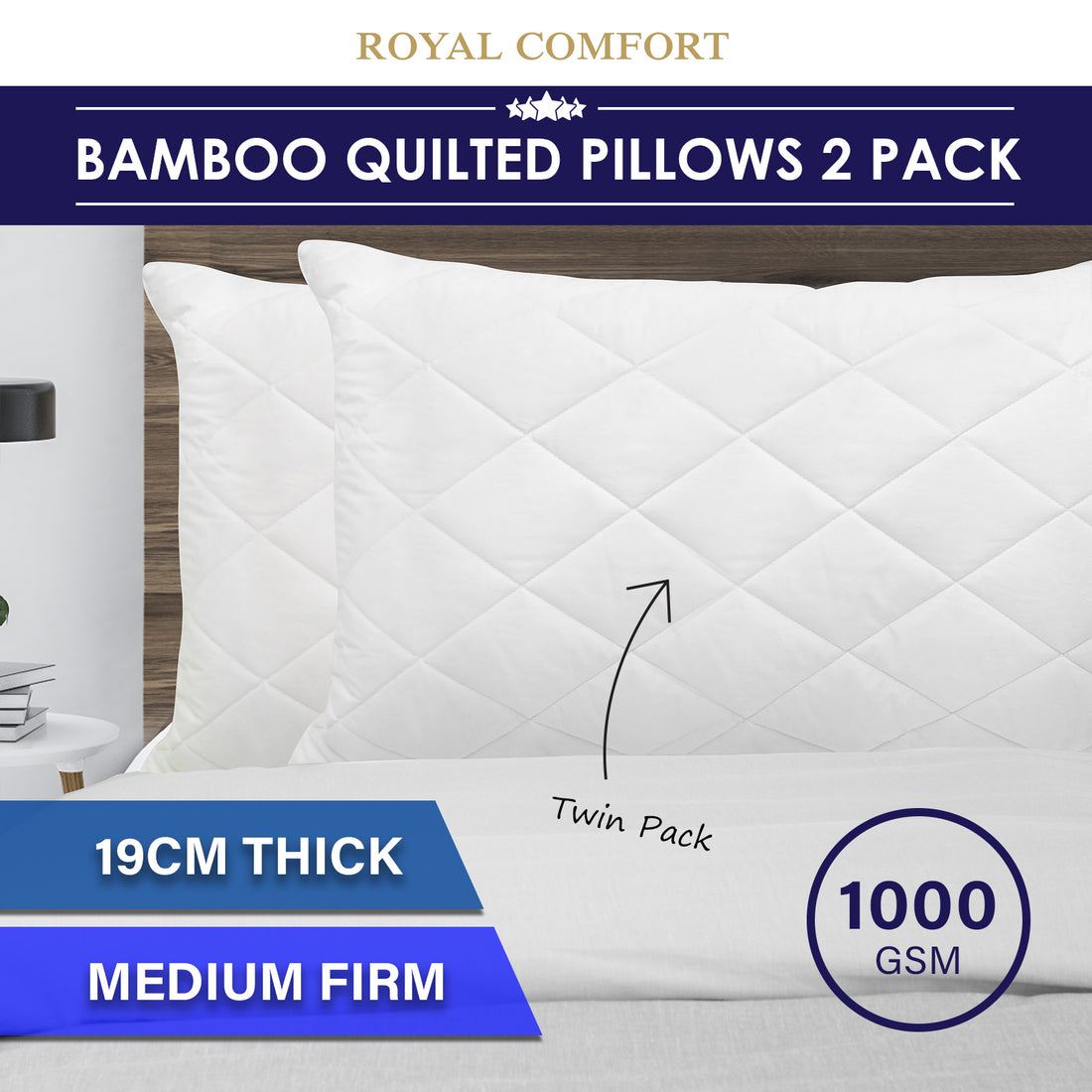 Royal Comfort Luxury Quilted Bamboo Pillow Twin Pack 50x75cm Medium Firm