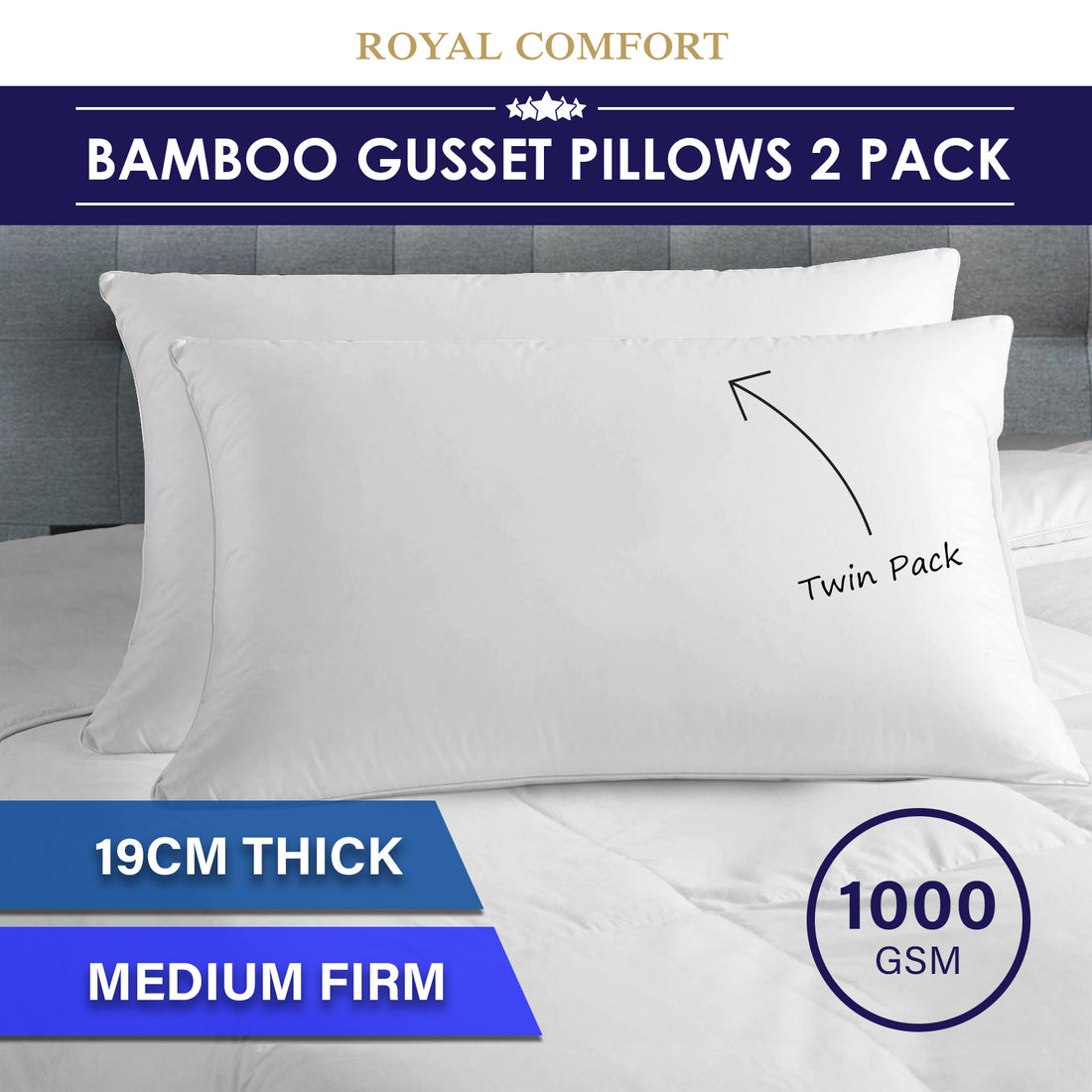 Royal Comfort Bamboo Gusset Pillow Twin Pack 50x75cm Medium Firm