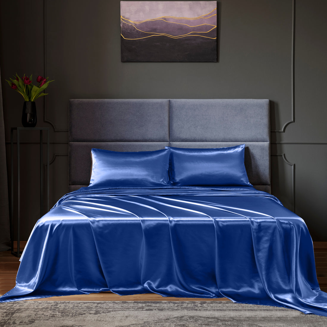 Royal Comfort Satin Sheet Set 4 Piece King Navy Blue