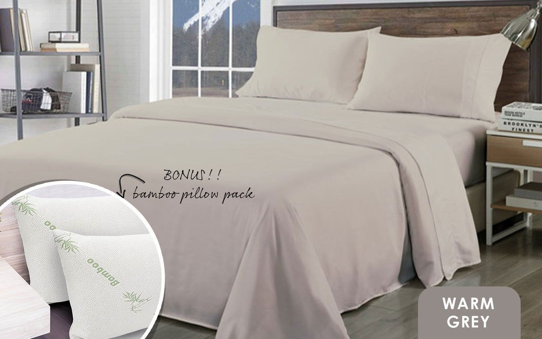 Royal Comfort Memory Foam Pillow and Sheet Set 1000TC Queen Warm Grey