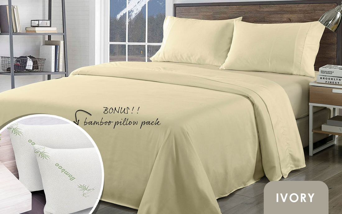 Royal Comfort Bamboo Blend Sheet Set and Memory Foam Pillows 2 Pack King Ivory