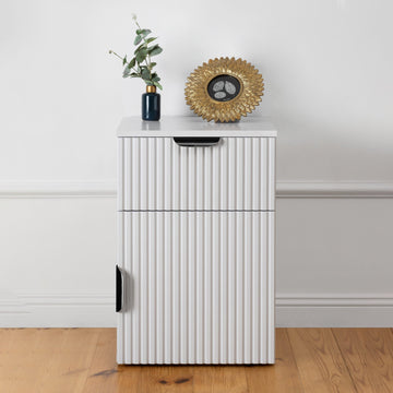Porto Bedside Table White Fluted with Black Pull Handle