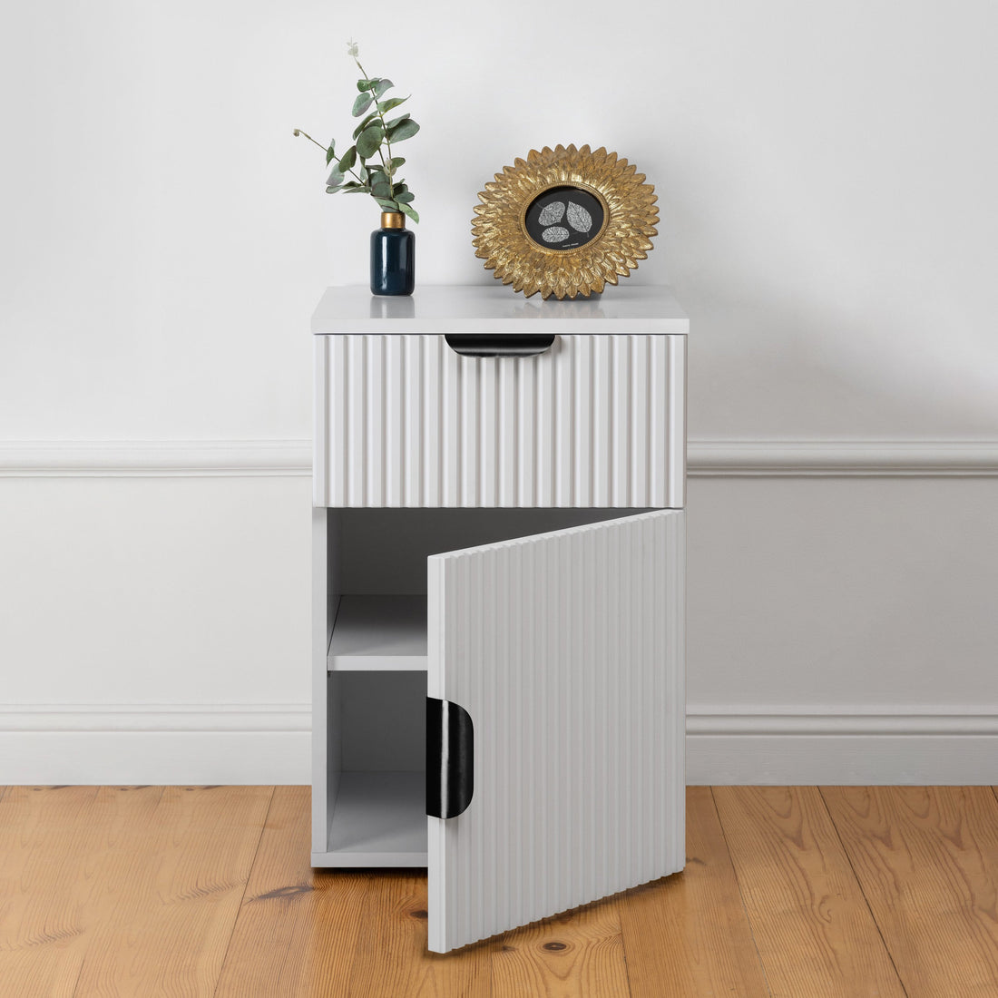 Porto Bedside Table White Fluted with Black Pull Handle