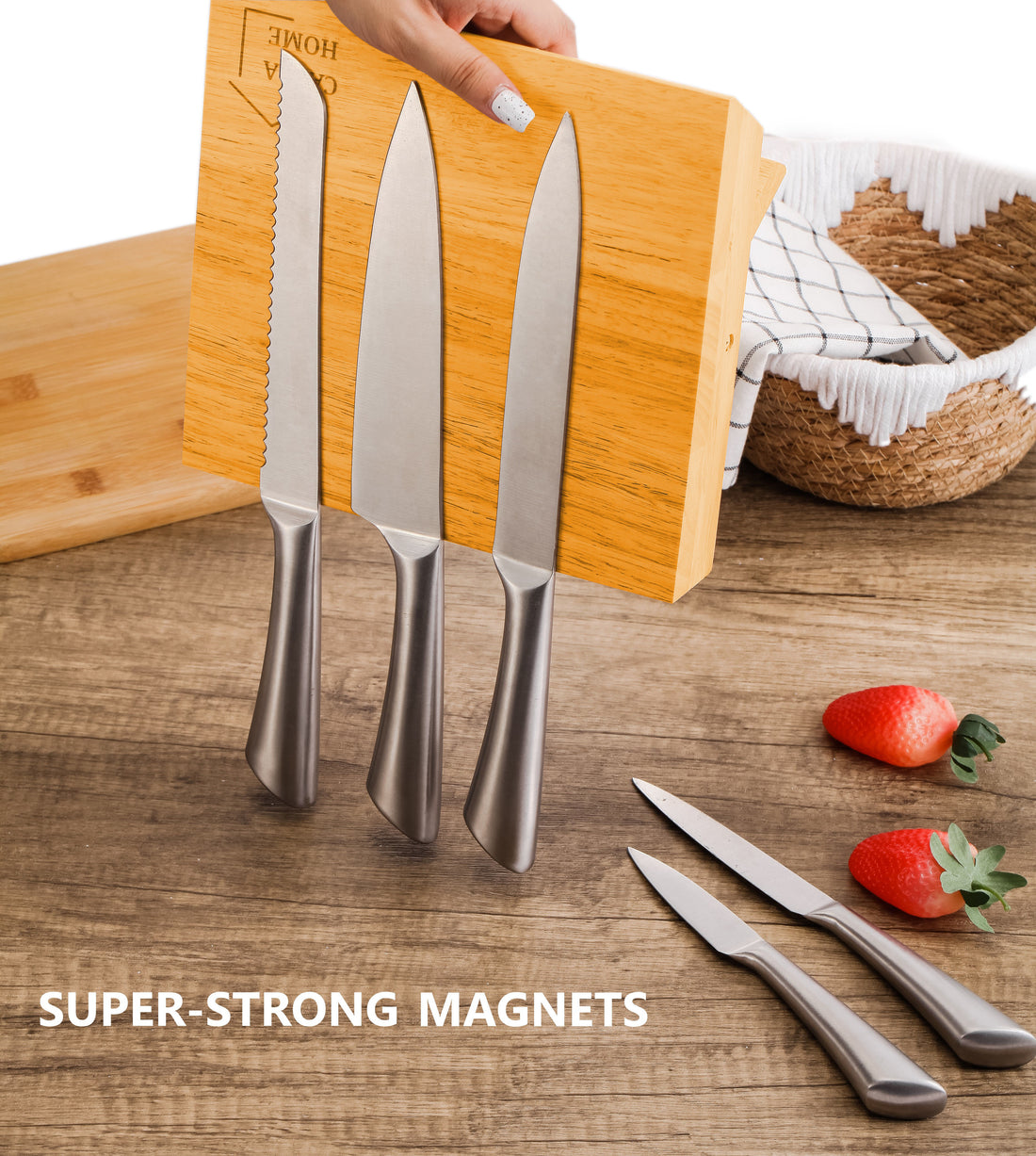 Bamboo Magnetic Knife Block Holder with Strong Magnets for Kitchen Storage