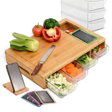 Bamboo Cutting Board with 4 Containers and Mobile Phone Holder