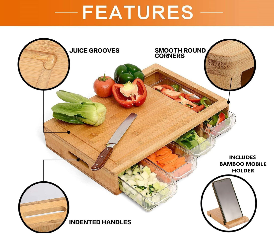 Bamboo Cutting Board with 4 Containers and Mobile Phone Holder