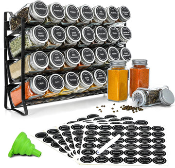 Spice Rack Organizer 4-Tier with 28 Glass Jars Labels Funnel and Marker