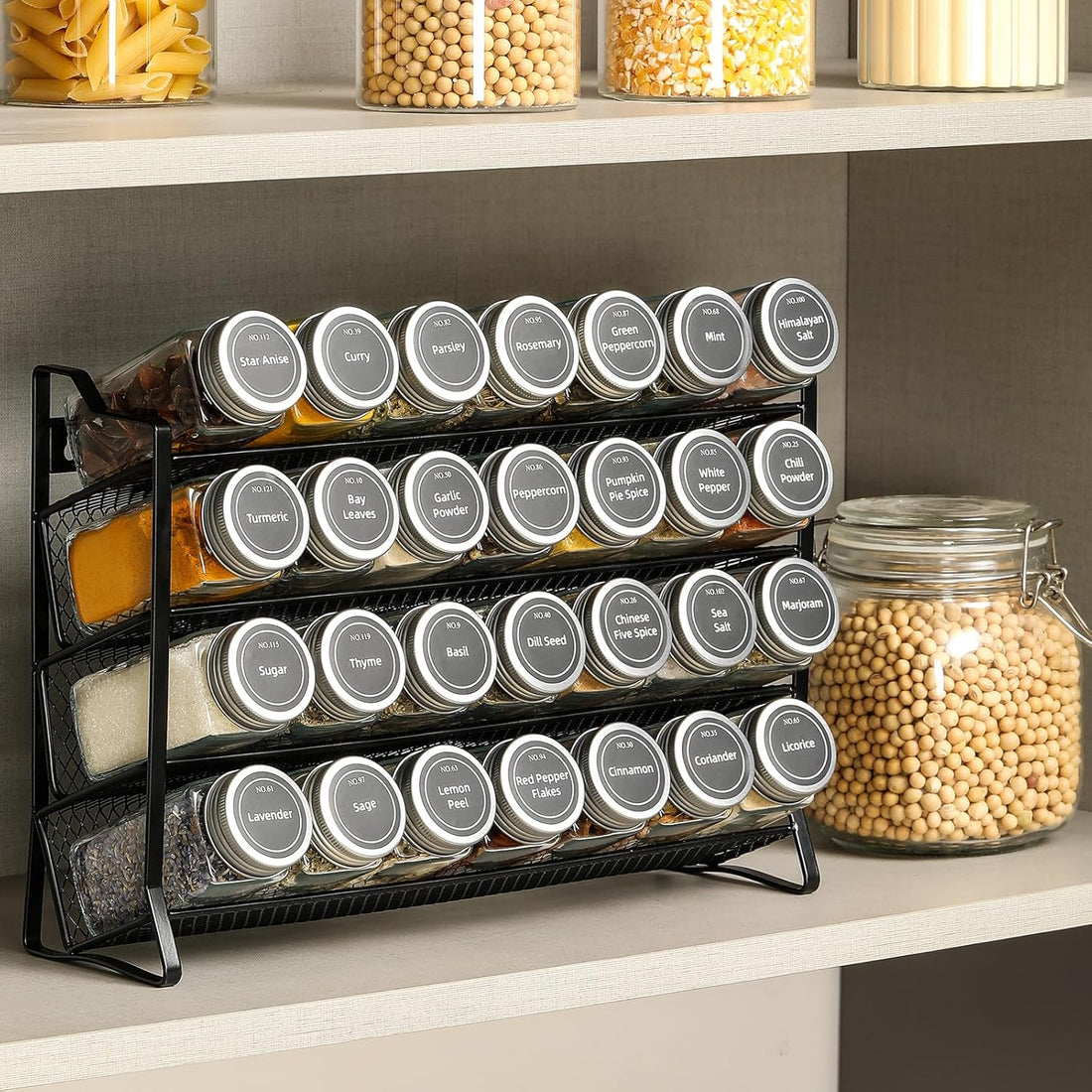 Spice Rack Organizer 4-Tier with 28 Glass Jars Labels Funnel and Marker