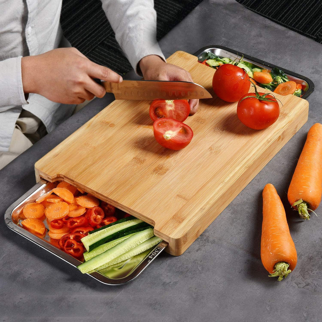 Vortaz Bamboo Chopping Board with Stainless Steel Organiser Trays 42cm