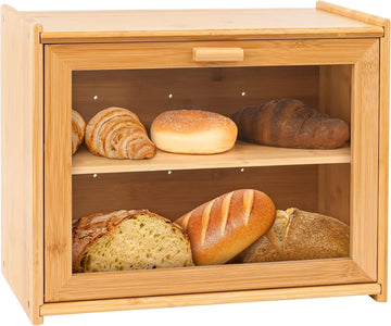 Bamboo Bread Box Double Layer Transparent Window Large Capacity