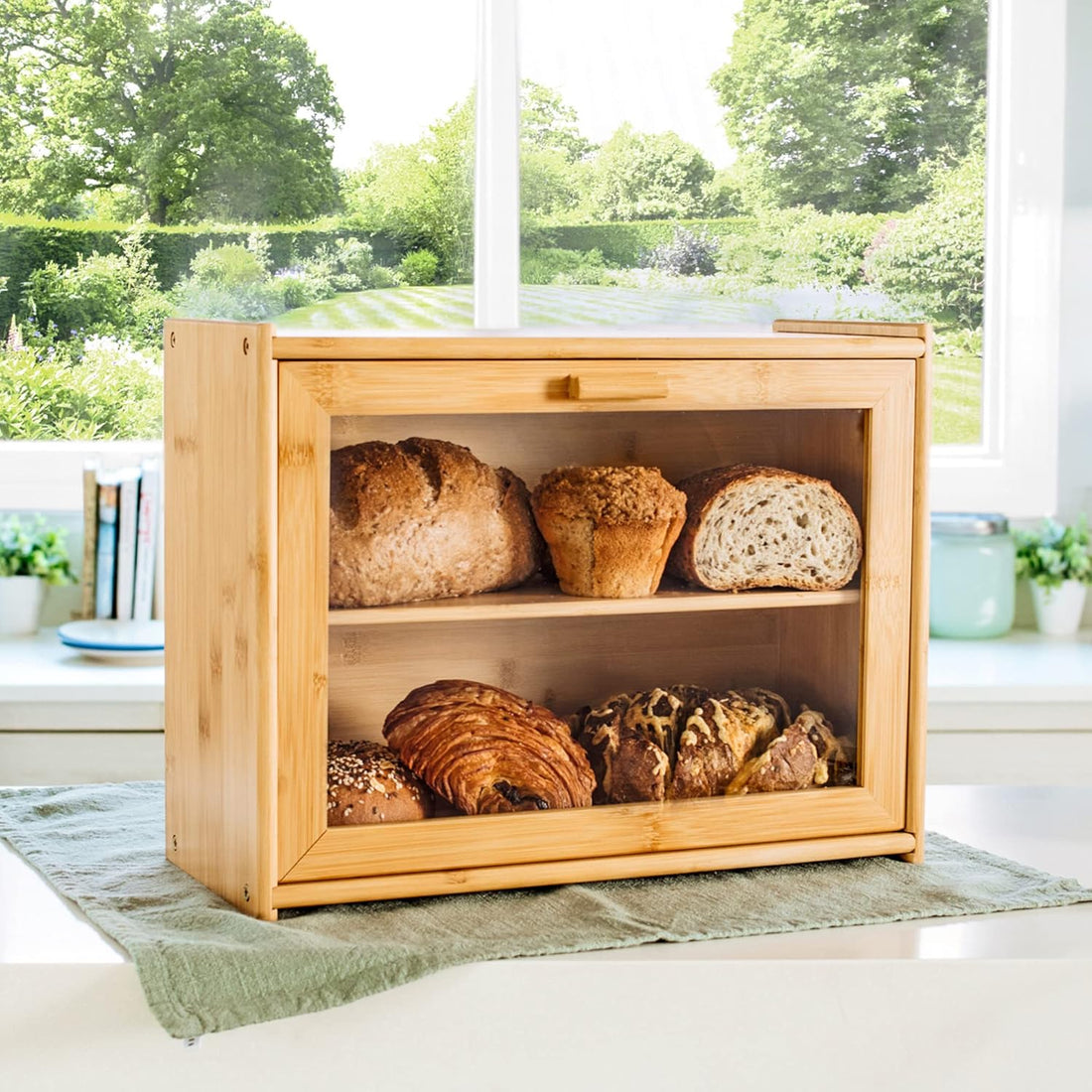 Bamboo Bread Box Double Layer Transparent Window Large Capacity