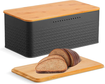 Bread Bin Stainless Steel Black with Bamboo Lid Chopping Board