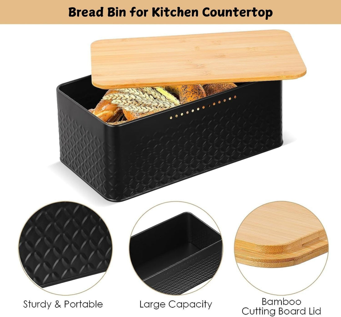 Bread Bin Stainless Steel Black with Bamboo Lid Chopping Board