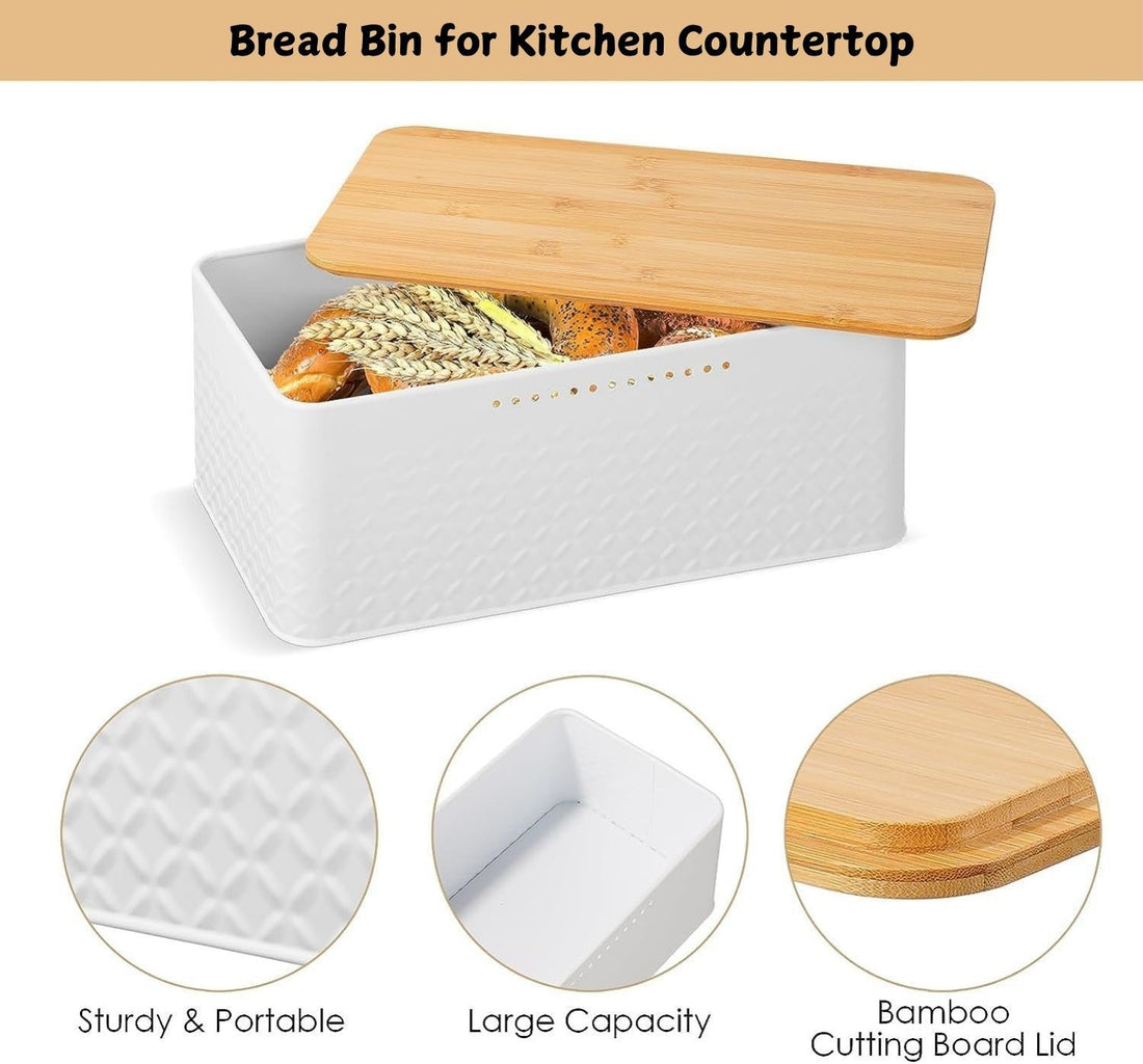 Bread Bin Stainless Steel Black with Bamboo Lid Chopping Board