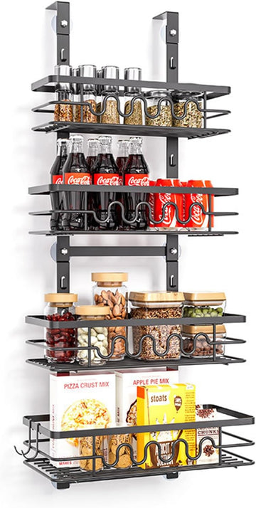 Over Door Pantry Organiser 4 Tier Metal Adjustable Black 85cm