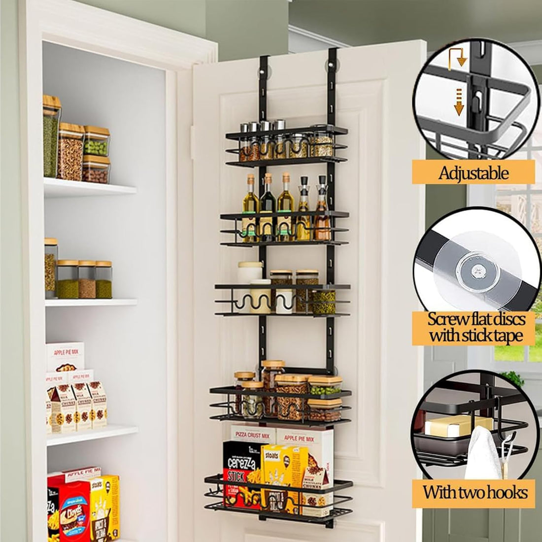 Over Door Pantry Organiser 4 Tier Metal Adjustable Black 85cm