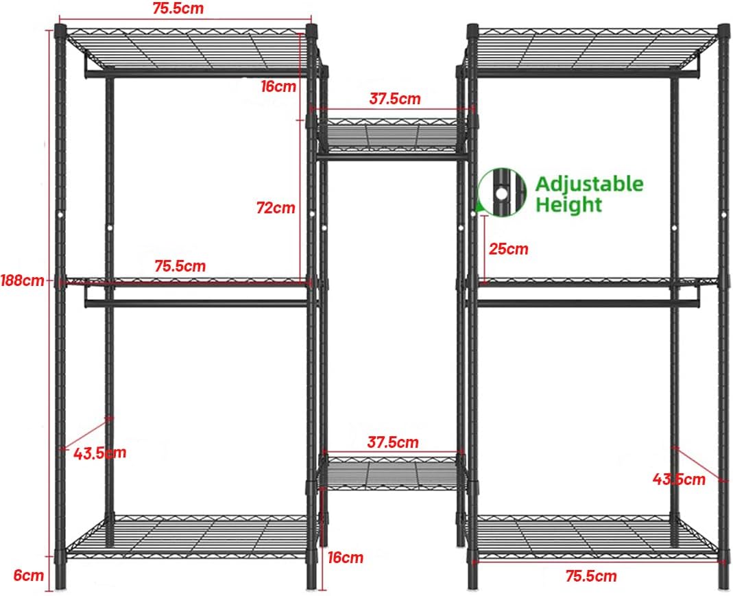 CARLA HOME Heavy Duty Clothing Rack with Shelves and Hanging Rods 189cm