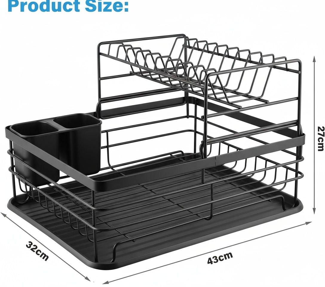 CARLA HOME 2-Tier Dish Drying Rack Black with Drip Tray