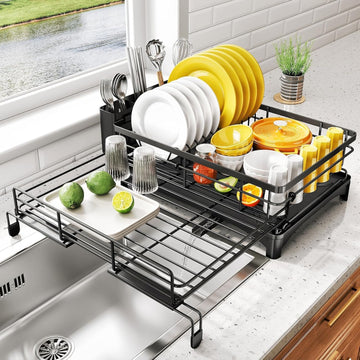 CARLA HOME Expandable Dish Rack with Drainage Spout and Utensil Holder 1 Tier