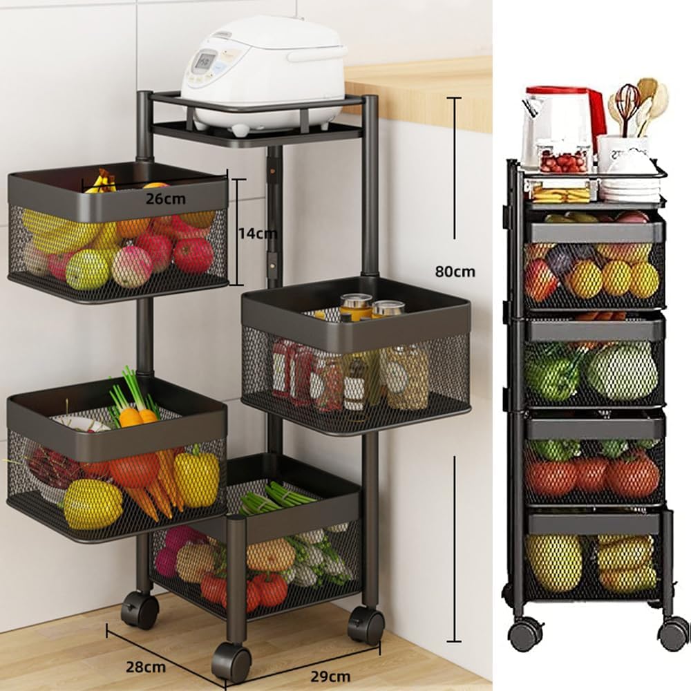 5-Tier Rolling Kitchen Cart Black Metal Storage Cart 80cm