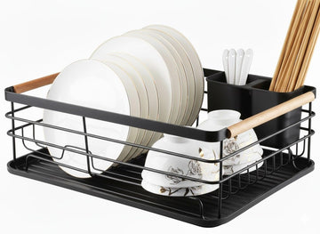 CARLA HOME Dish Drying Rack with Wooden Handles and Removable Cutlery Holder