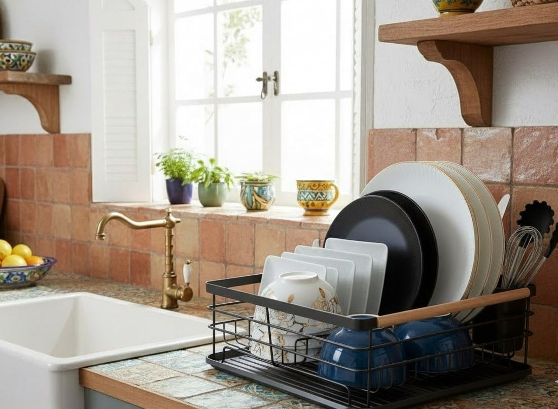 CARLA HOME Dish Drying Rack with Wooden Handles and Removable Cutlery Holder