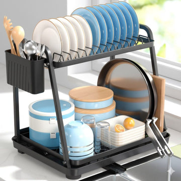CARLA HOME 2-Tier Dish Drying Rack with Drainage Tray Utensil Holder Cup Hooks