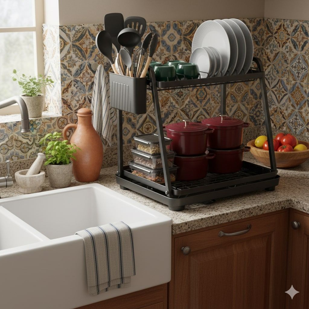 CARLA HOME 2-Tier Dish Drying Rack with Drainage Tray Utensil Holder Cup Hooks