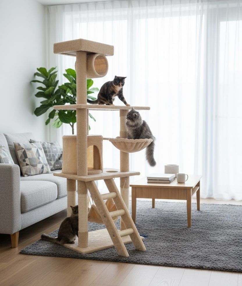 CARLA HOME Cat Tree Tower with Hammock and Condo 141cm Beige